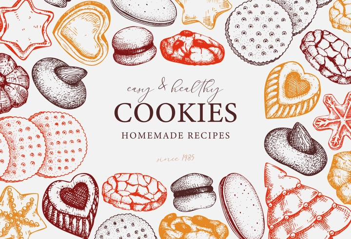 Bakery shop background. Popular cookies vector frame design. Italian pastry sketches. Cookies with almond, chocolate, jam, crackers, chips hand drawn illustrations for logo, print, banner design